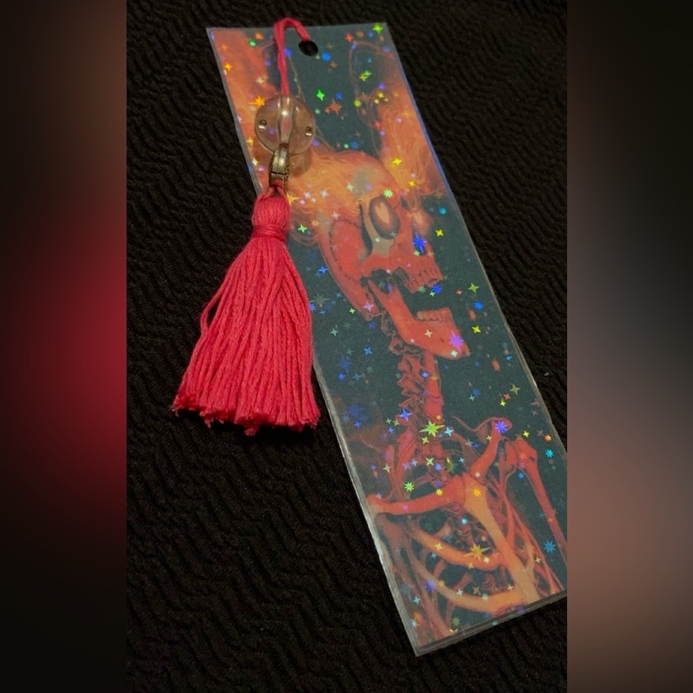 Holographic Skeleton Bookmark with hot pink Tassel
